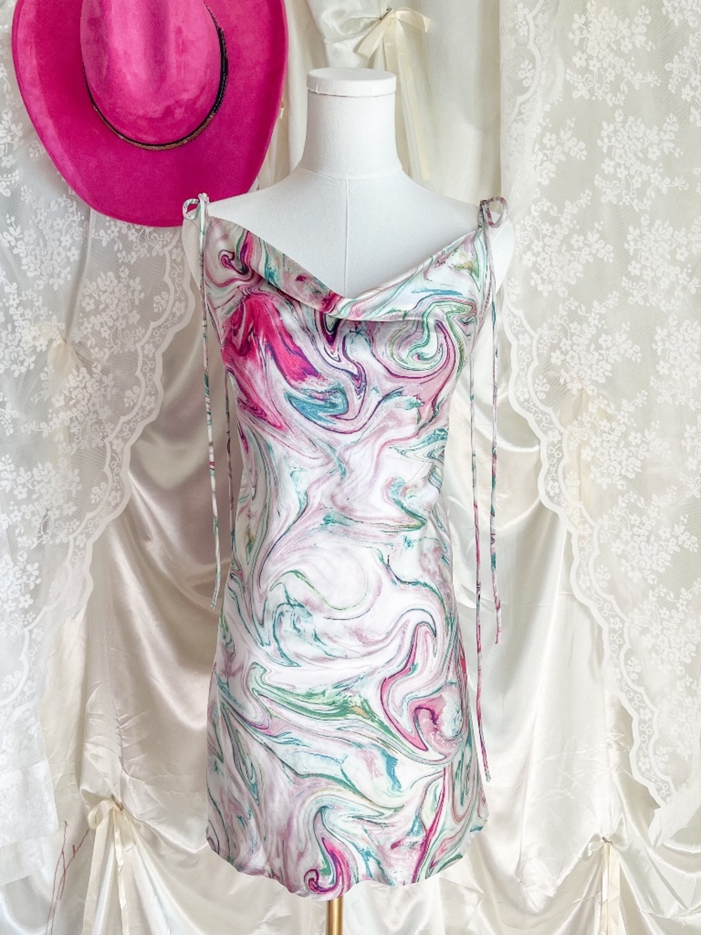 Princess Polly Marble Print Cowl Neck Slip Mini Dress